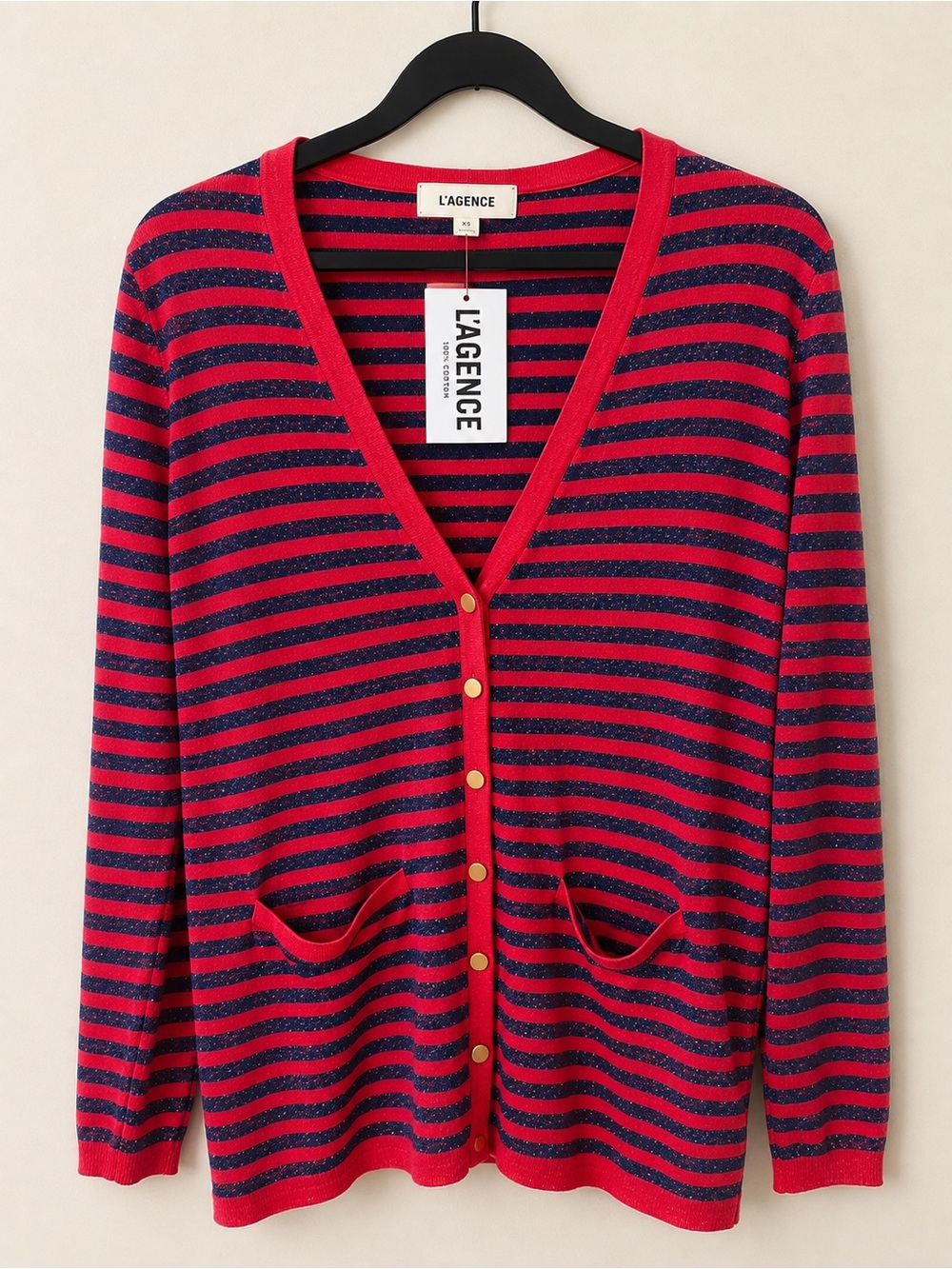 L’AGENCE Metallic Stripe Gold Button Cardigan Sweater NWT Size S